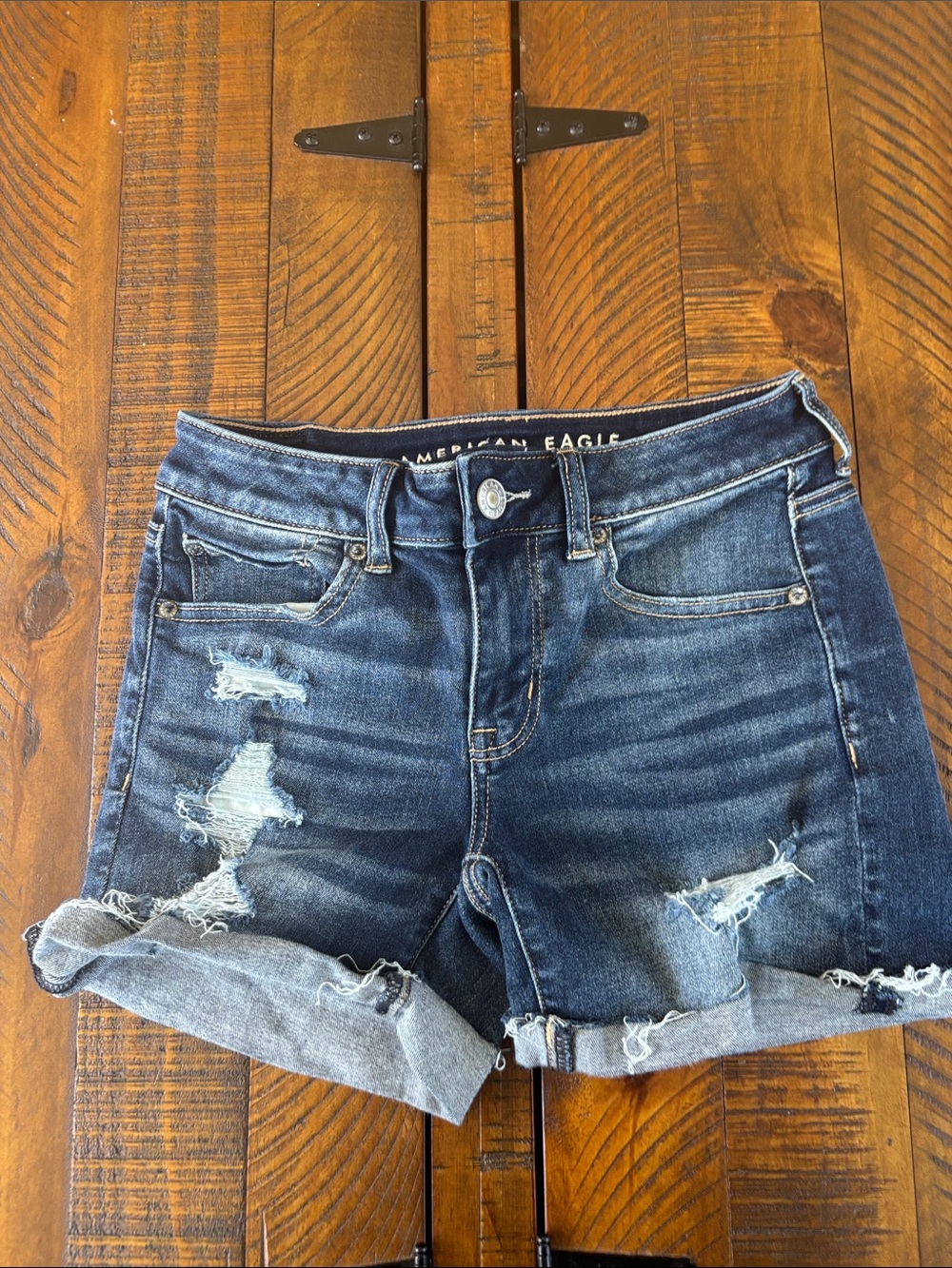 American Eagle Outfitters Blue Distressed Rolled-Hem Denim Shorts